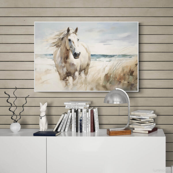 Running Horse on the Beach Wall Art - 3x2 Aspect Ratio - Natural Wood Floating Frame Canvas in a Farmhouse Entryway with Shiplap Wall and White Cabinet