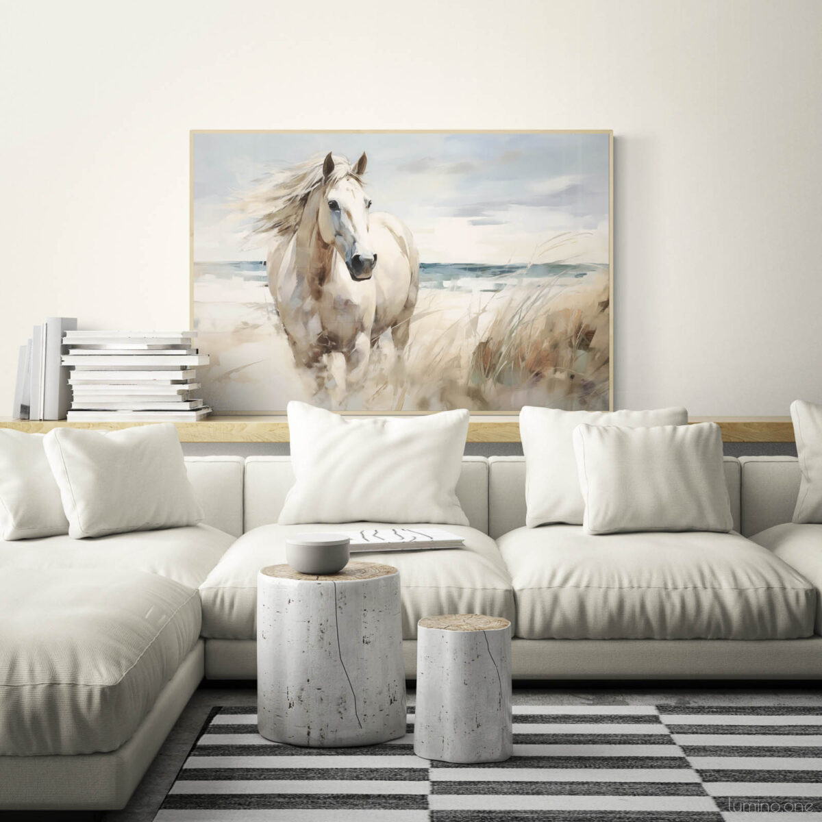 Running Horse on the Beach Wall Art - 3x2 Aspect Ratio - Natural Wood Floating Frame Canvas in a Minimalist Comfy Living Room with Sectional Sofa and Tree Stump Pedestals