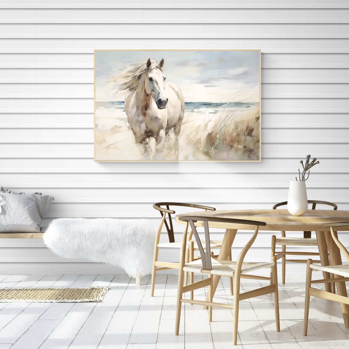 Running Horse on the Beach Wall Art - 3x2 Aspect Ratio - Natural Wood Floating Frame Canvas in a Scandinavian Dining Room with Minimalist Wooden Table and Chairs and Shiplap Walls
