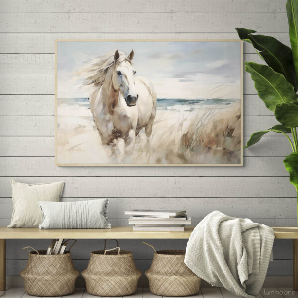 Running Horse on the Beach Wall Art - 3x2 Aspect Ratio - Natural Wood Floating Frame Canvas over a Wooden Bench with Jute Baskets and Cozy Pillows