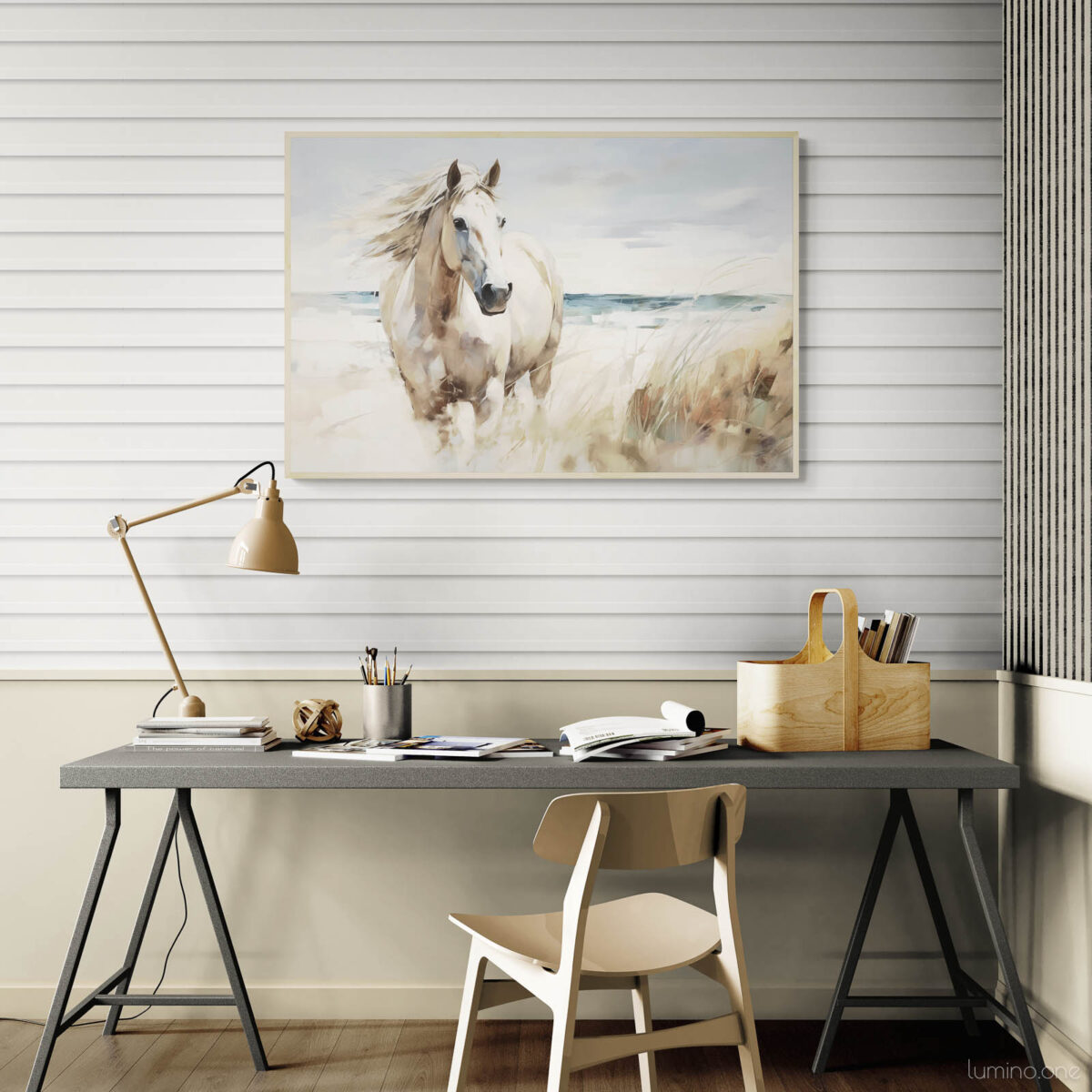 Running Horse on the Beach Wall Art - 3x2 Aspect Ratio - Natural Wood Floating Frame Canvas over an Office Desk