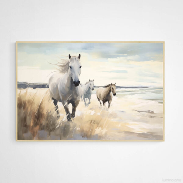 Running Horses on the Beach Wall Art - 3x2 Aspect Ratio - Natural Wood Floating Frame Canvas