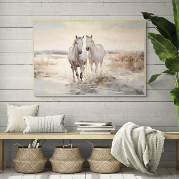 Horses on the Beach Wall Art - 3x2 Aspect Ratio - Natural Wood Floating Frame Canvas over a Wooden Bench with Jute Baskets and Cozy Pillows