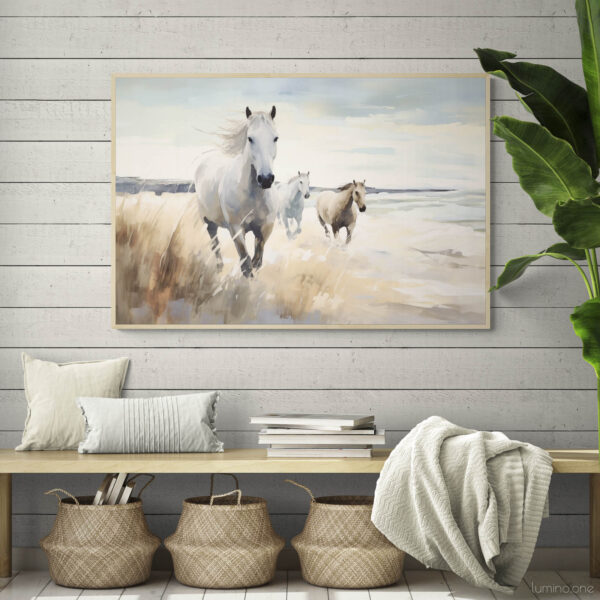 Running Horses on the Beach Wall Art - 3x2 Aspect Ratio - Natural Wood Floating Frame Canvas over a Wooden Bench with Jute Baskets and Cozy Pillows