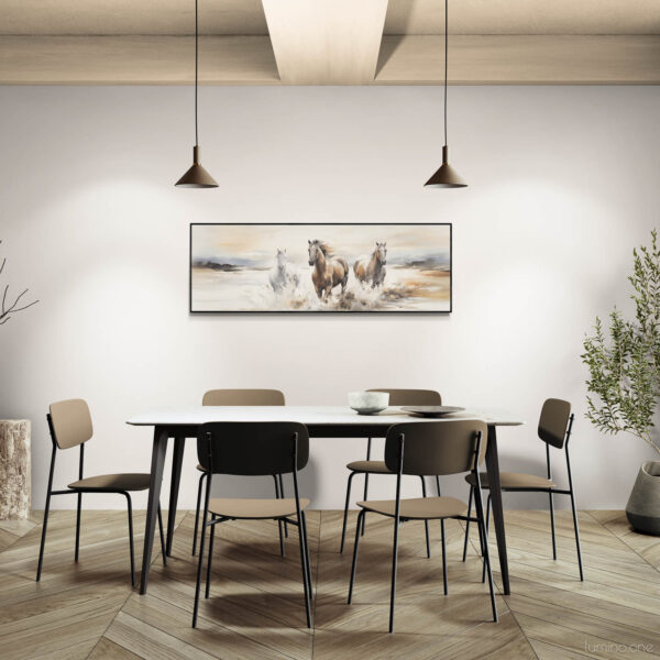 Three Running Horses on the Beach Wall Art - 3x1 Aspect Ratio - Black Floating Frame in an Organic Natural Dining Room with Wooden Elements
