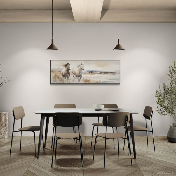 Two Horses Running on the Beach Wall Art - 3x1 Aspect Ratio - Black Floating Frame in an Organic Natural Dining Room with Wooden Elements