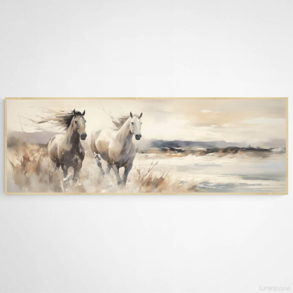 Two Horses Running on the Beach Wall Art - 3x1 Aspect Ratio - Floating Frame Canvas