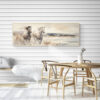 Two Horses Running on the Beach Wall Art - 3x1 Aspect Ratio - Natural Wood Floating Frame Canvas in a Scandinavian Dining Room with Minimalist Wooden Table and Chairs and Shiplap Walls