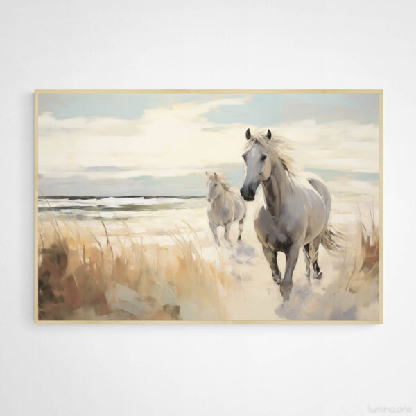 Two Horses Walking on the Beach Wall Art - 3x2 Aspect Ratio - Natural Wood Floating Frame Canvas