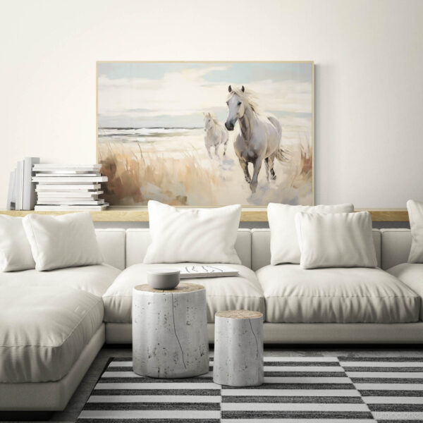 Two Horses Walking on the Beach Wall Art - 3x2 Aspect Ratio - Natural Wood Floating Frame Canvas in a Minimalist Comfy Living Room with Sectional Sofa and Tree Stump Pedestals