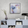 Whispering Shades of Purple I - Acrylic on Canvas - 24x24 - Natalie Bell, April 2024 - Black Frame - Colorful Wooden Cabinet with Lamp