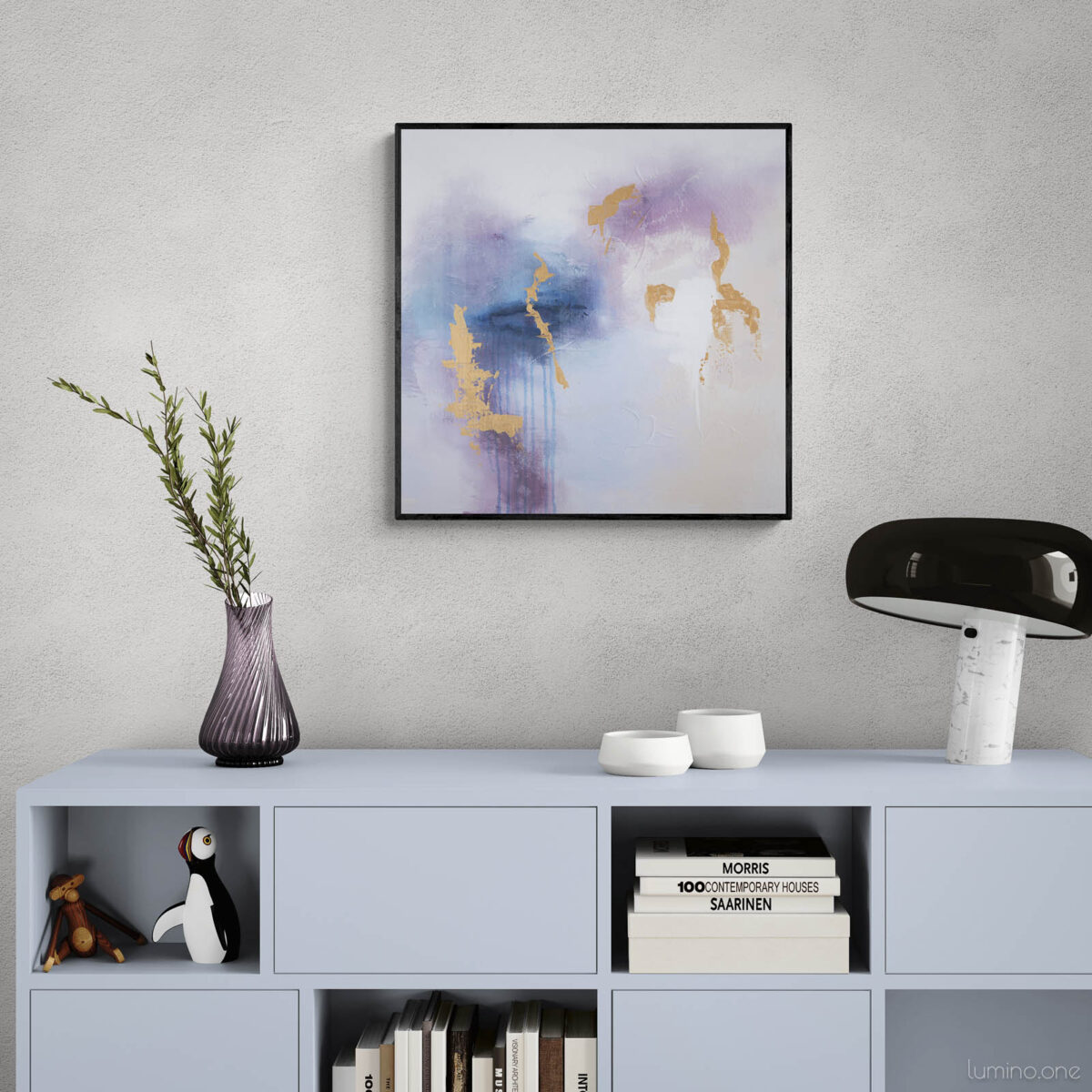 Whispering Shades of Purple I - Acrylic on Canvas - 24x24 - Natalie Bell, April 2024 - Black Frame - Colorful Wooden Cabinet with Lamp