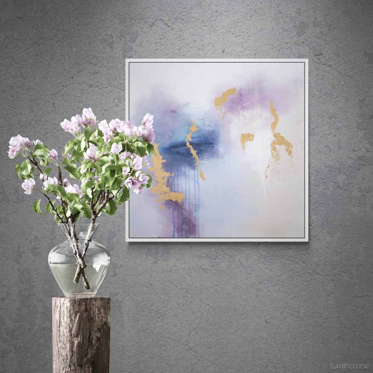 Whispering Shades of Purple I - Acrylic on Canvas - 24x24 - Natalie Bell, April 2024 - White Floating Frame - Colorful flowers next to sunlit wall