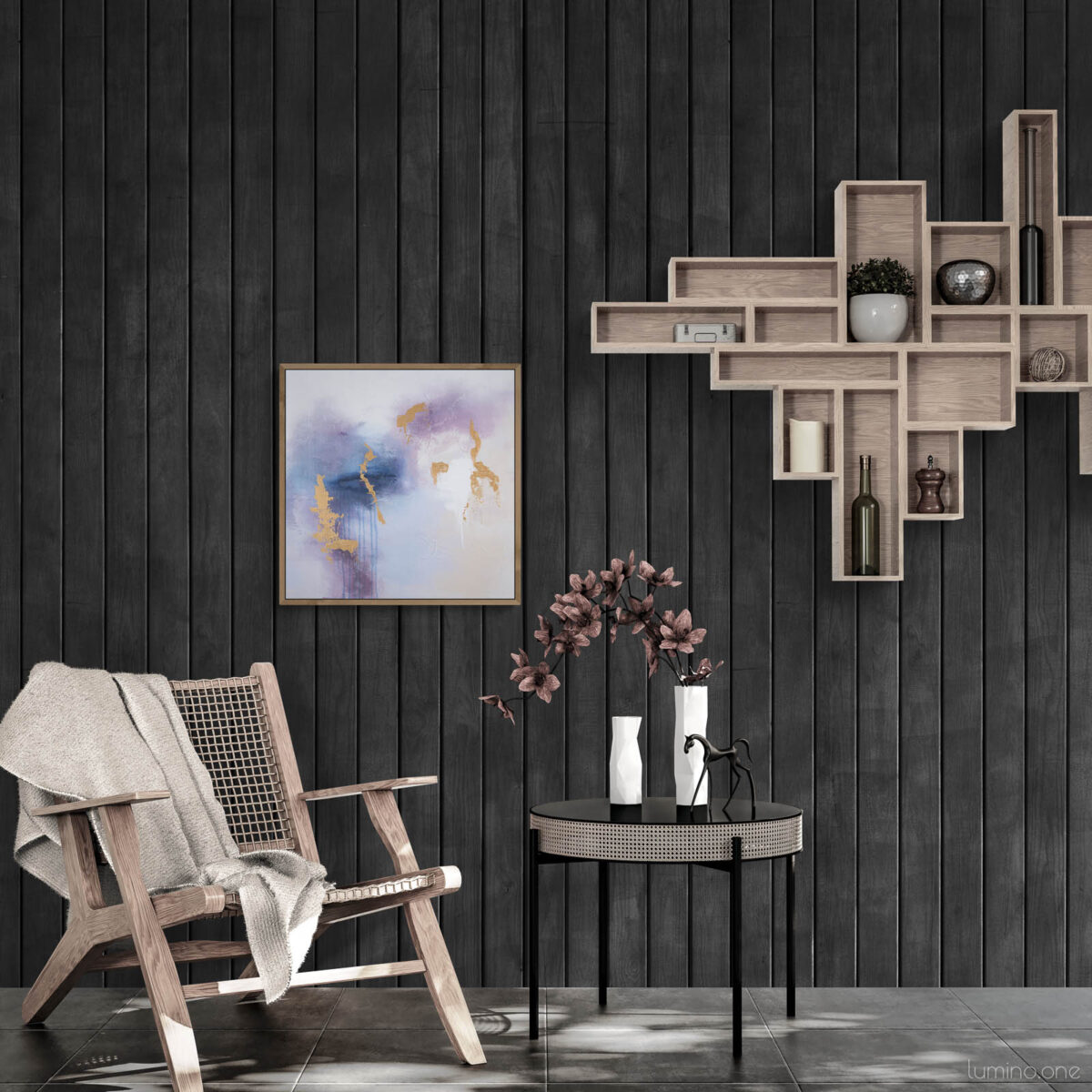 Whispering Shades of Purple I - Acrylic on Canvas - 24x24 - Natalie Bell, April 2024 - Wooden Floating Frame - Dark moody living room with rattan furniture