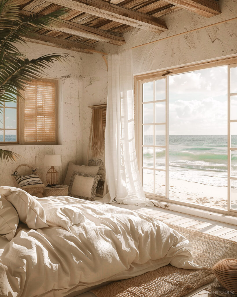 Breezy Bright Ocean View Decor - Summer Bedroom Refresh - White Bedding Wooden Floor