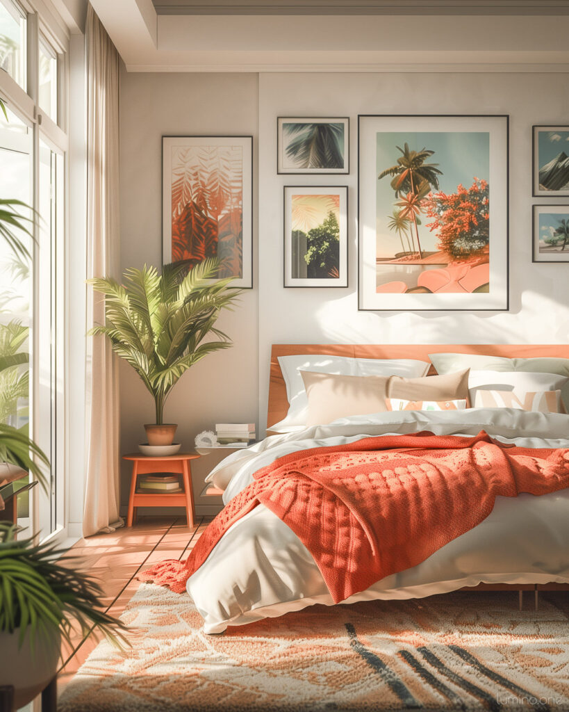 Bright Cheerful Decor - Summer Bedroom Refresh - Orange Bedding Cozy Rug Wooden Floor Colorful Wall Art