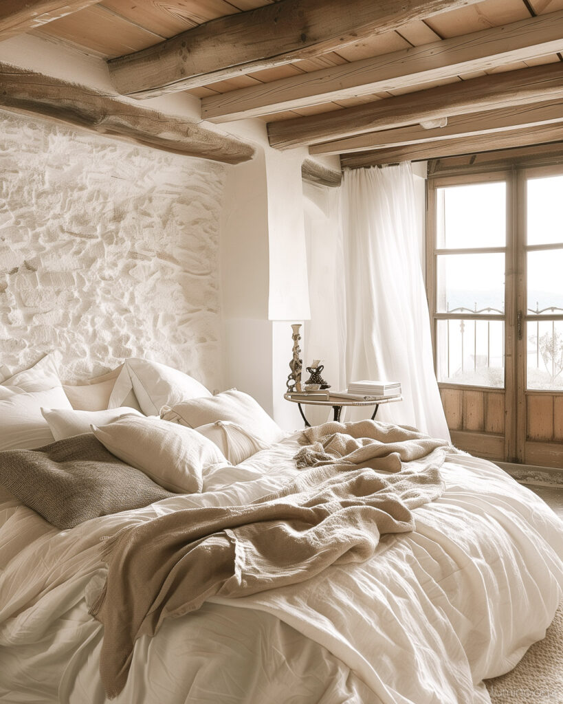 Calm Serenity Decor - Summer Bedroom Refresh - Cozy White Bedding Natural Wood Ceiling