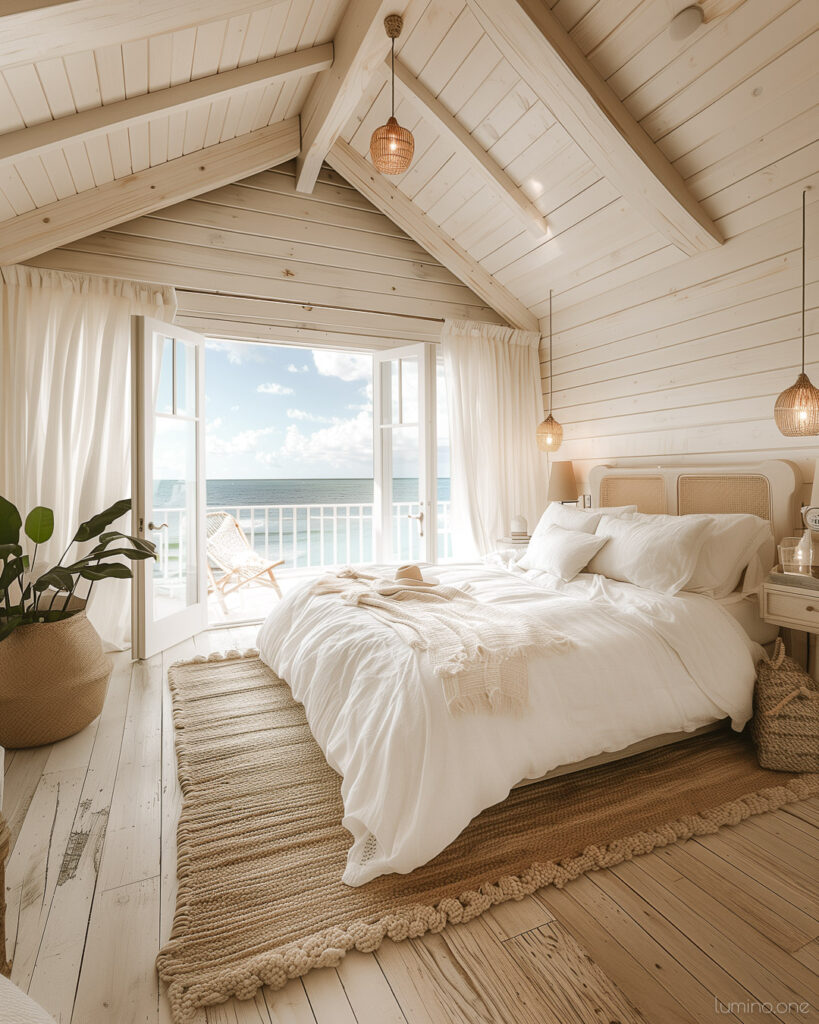 Coastal Chic Ocean View Rustic Decor - Summer Bedroom Refresh - White Bedding Wooden Floor