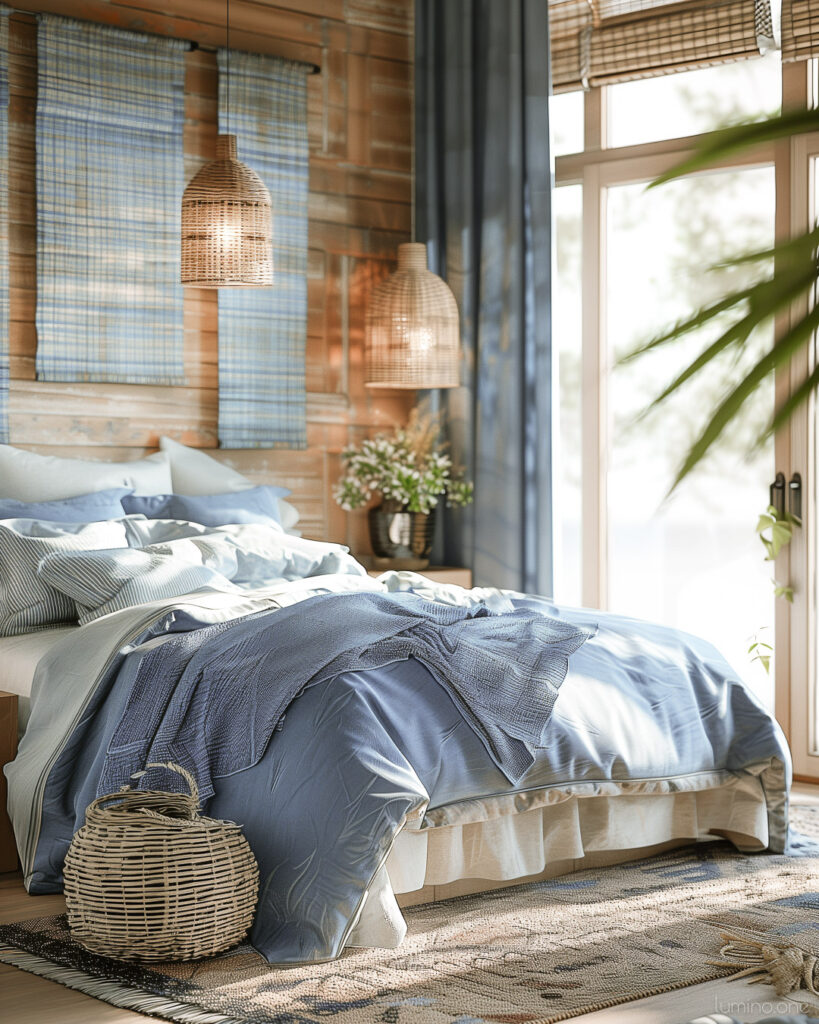 Cool Blues Natural Decor - Summer Bedroom Refresh - Blue Bedding Wooden Floor Sedge Seagrass Lamp Bamboo Shades