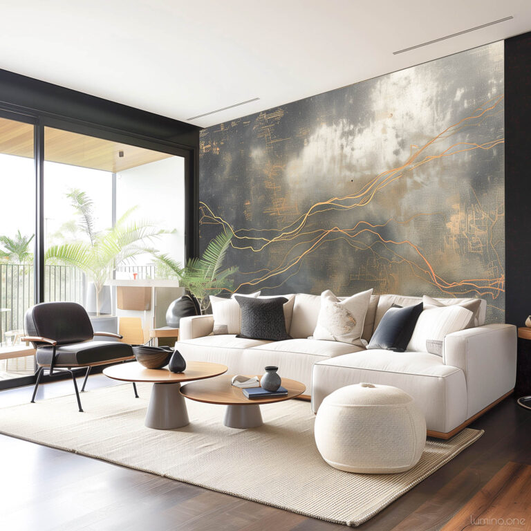 Feature Wall in Bold Dark Texture and Golden Accent Art in a Modern Living Room with Light Sofa