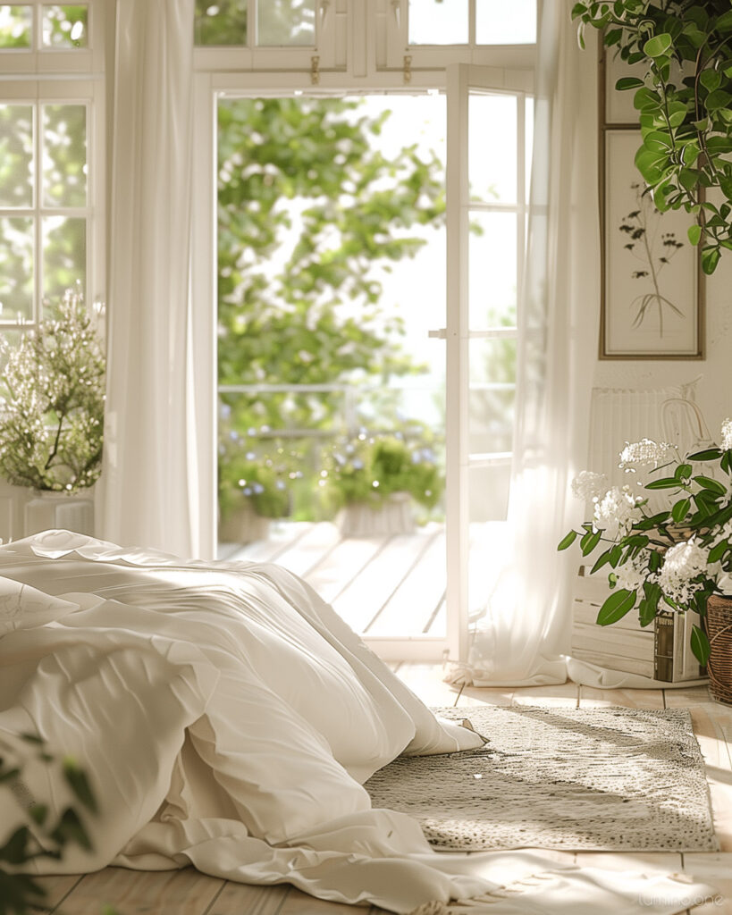 Light Airy Decor - Summer Bedroom Refresh - White Bedding Cozy Rug Wooden Floor