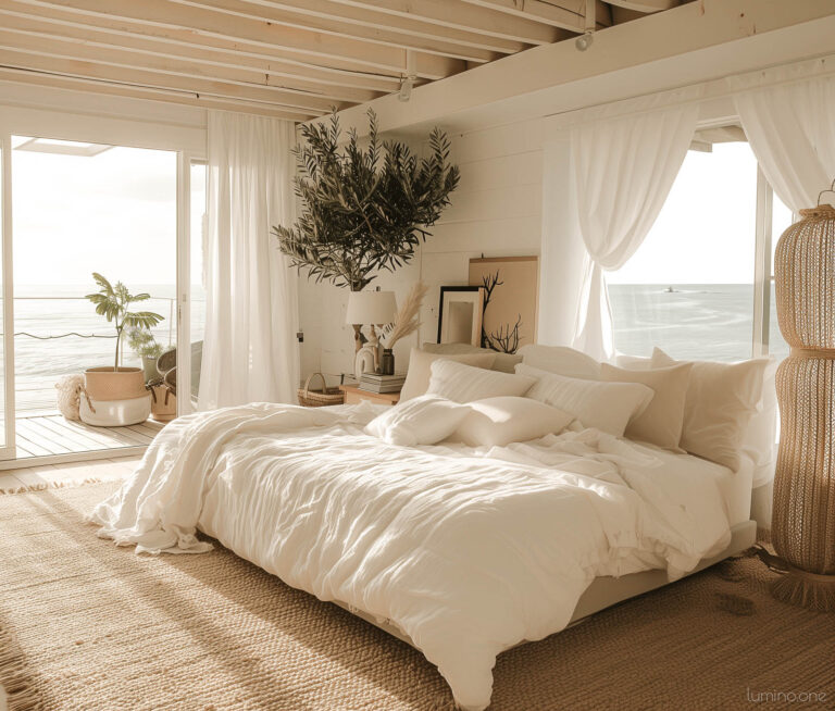 Light Airy Ocean View Decor – Summer Bedroom Refresh – White Bedding Jute Rug Wooden Floor