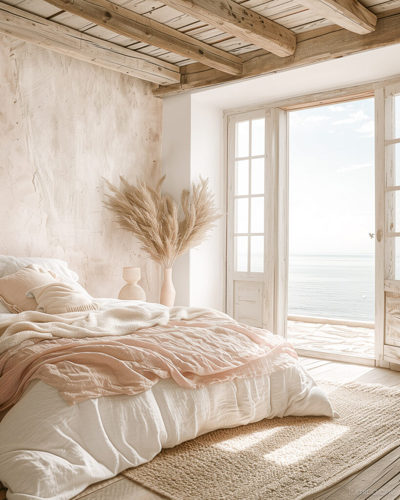 Mediterranean Soft Pink Pastel Decor with Sea View Beach - Summer Bedroom Refresh - Cozy Bedding Jute Rug Wooden Floor