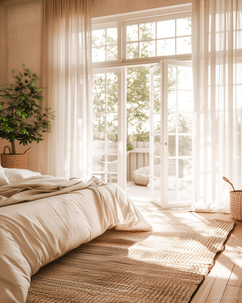 Minimalist Clean Simple Decor - Summer Bedroom Refresh - White Bedding Jute Rug Wooden Floor