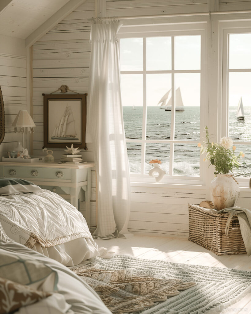 Nautical Breezy Decor with Sea View - Summer Bedroom Refresh - White Bedding Jute Rug Wooden Floor