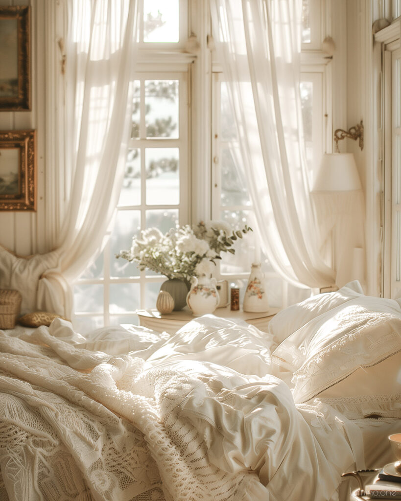 Soft Elegant Romantic Decor - Summer Bedroom Refresh - White Bedding Window Drapes