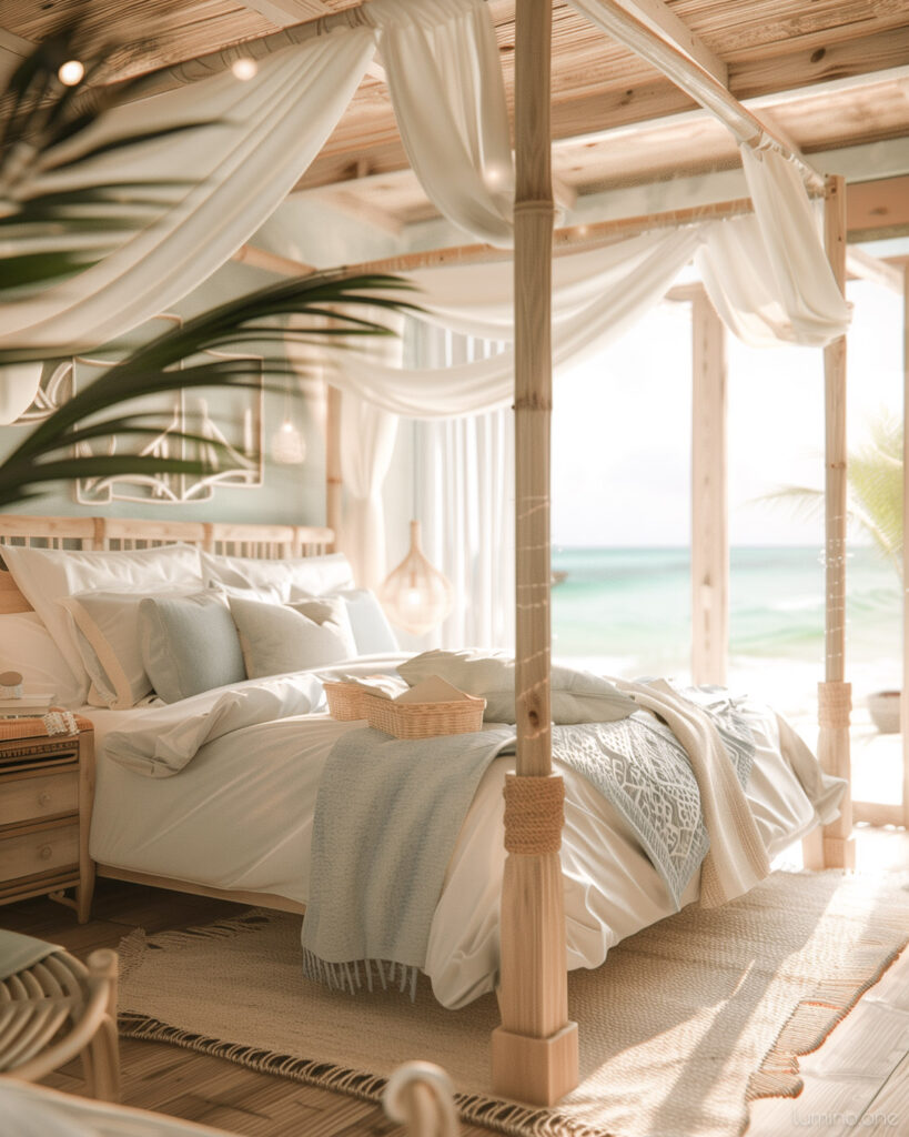 Vacation Calm Serenity Decor Ocean View Palm Trees - Summer Bedroom Refresh - White Bedding Jute Rug Wooden Floor