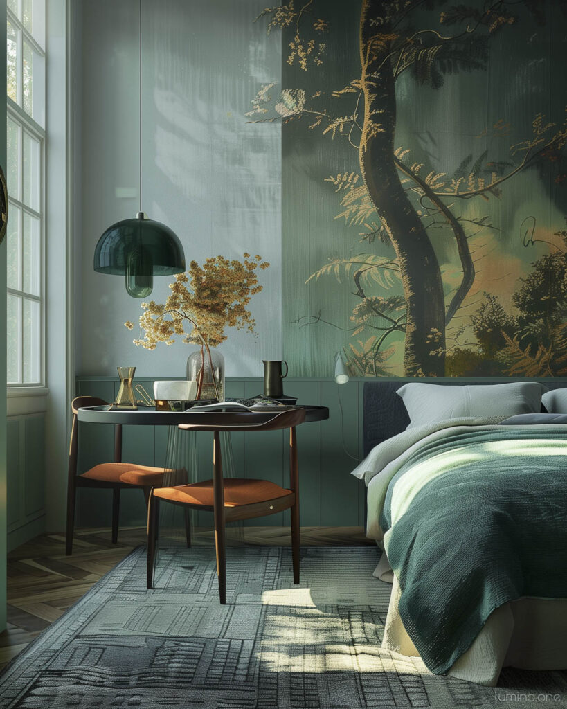 Artistic Cozy Moody Bedroom with Unique Wall Art and Deep Colors