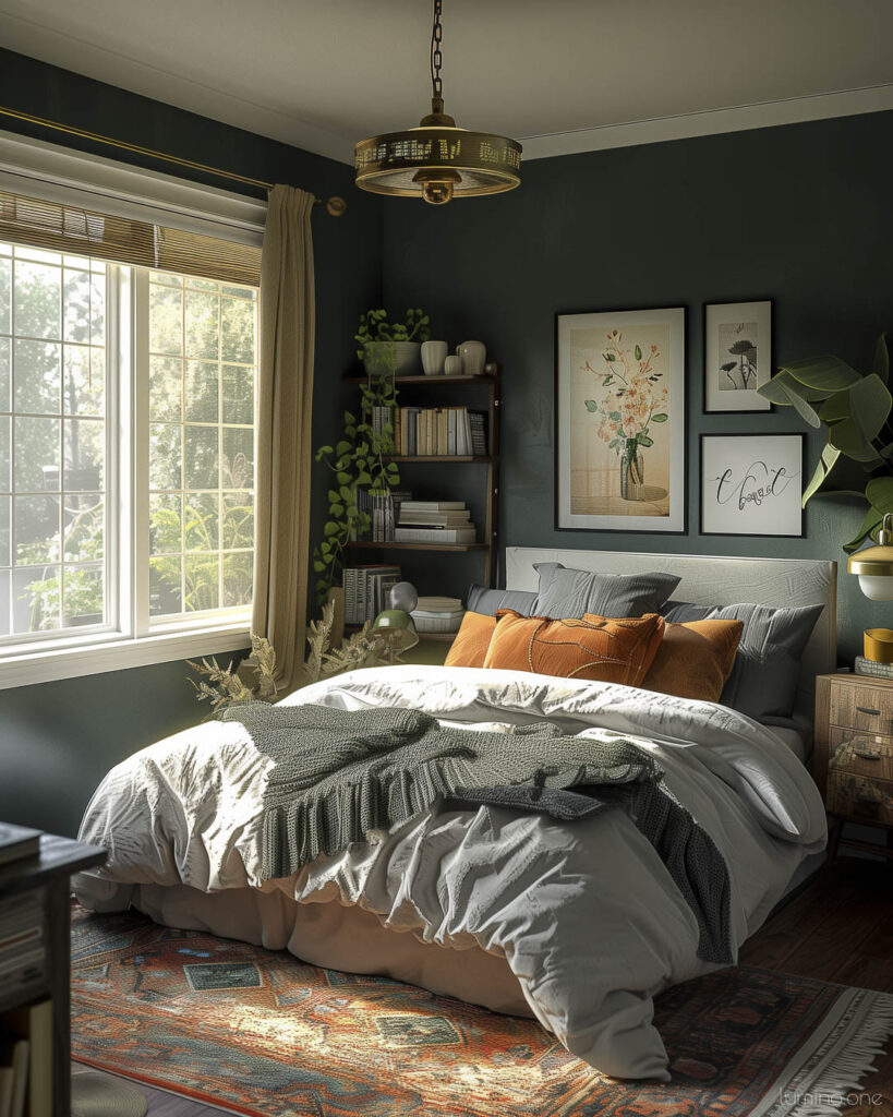 Cozy Moody Bedroom with Colorful Accents and Layered Textures