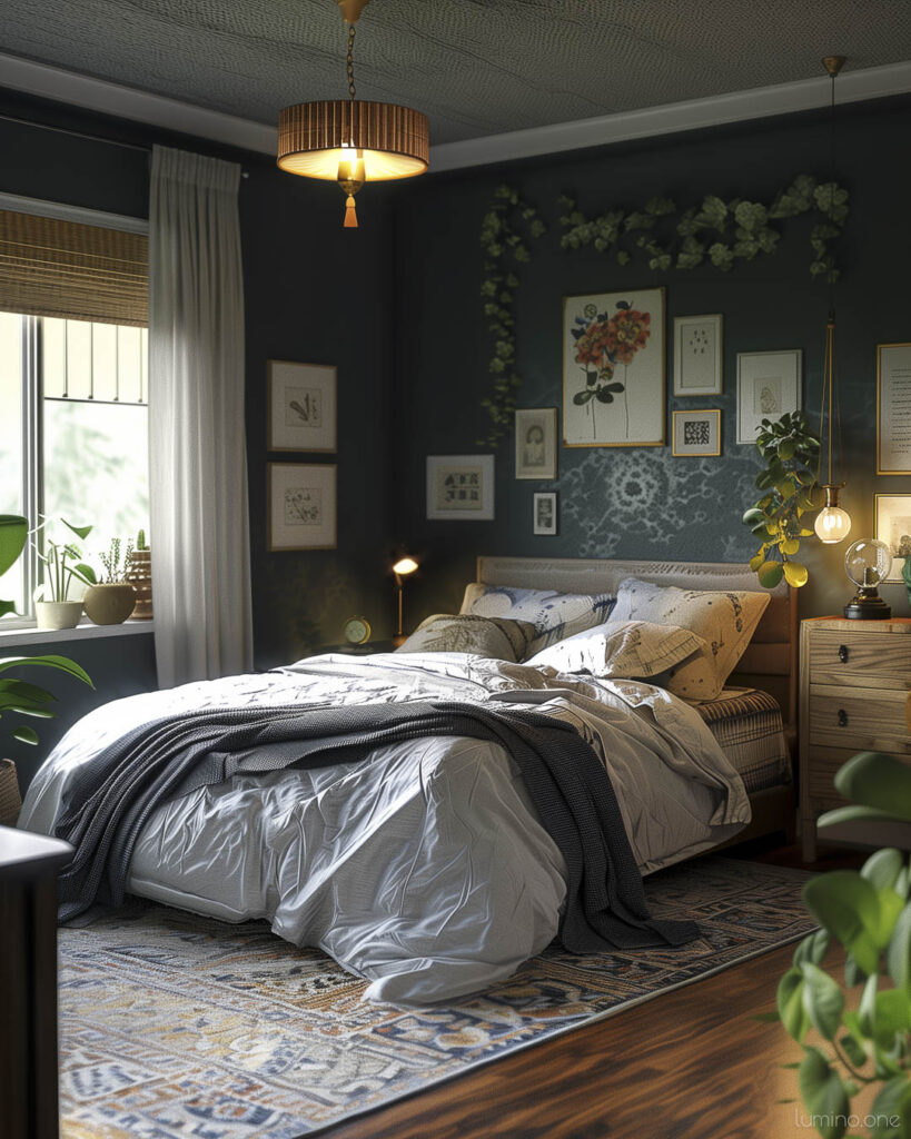 Cozy Moody Bedroom with Floral Accents and Soft Lighting