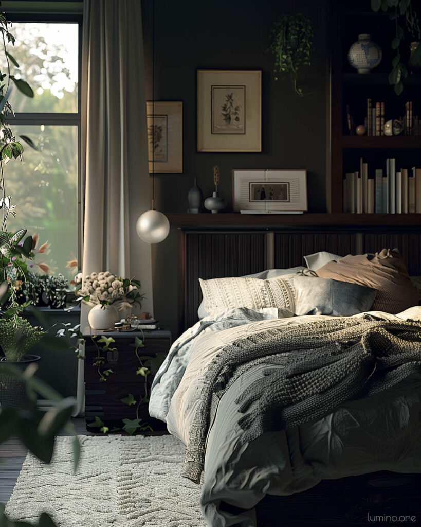 Cozy Moody Bedroom with Greenery and Layered Textures