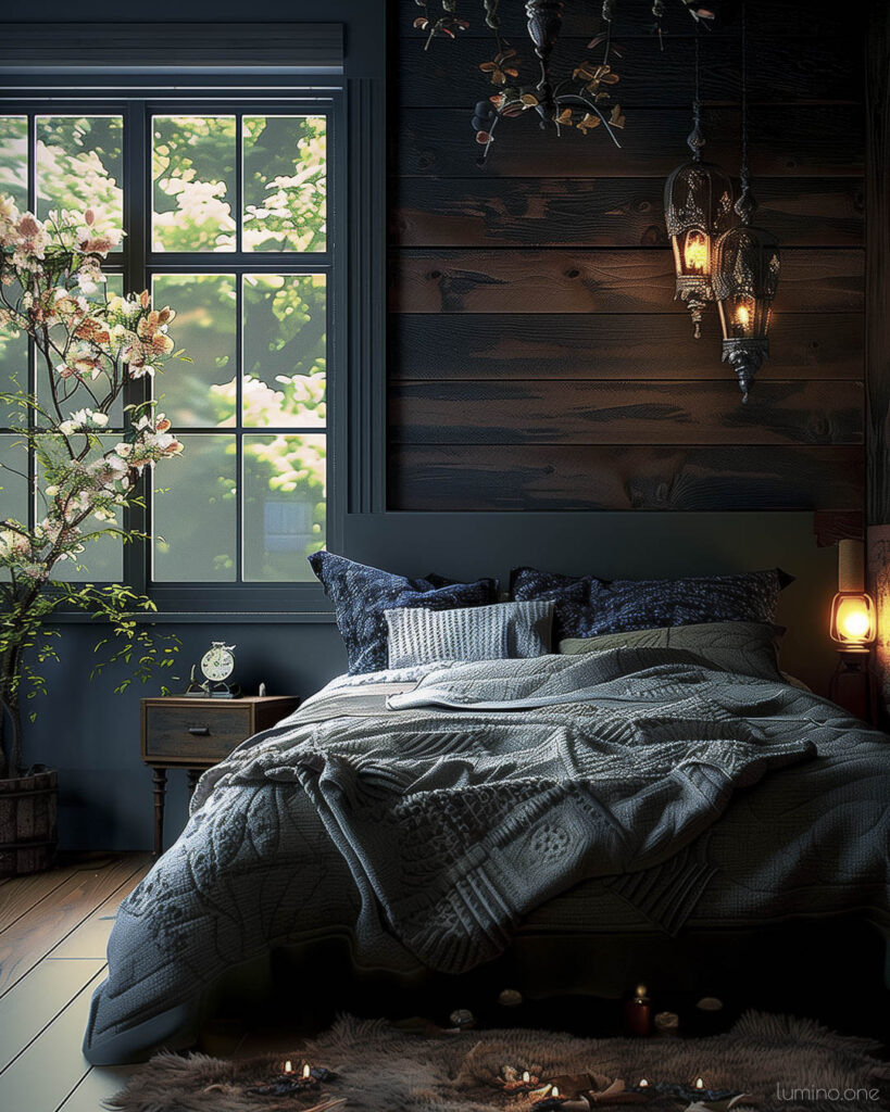 Cozy Moody Bedroom with Lantern Lighting and Dark Wood Accents