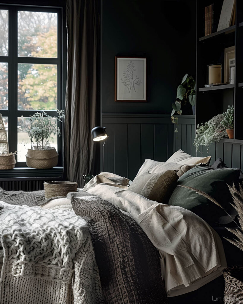 Cozy Moody Bedroom with Layered Textiles and Soft Lighting