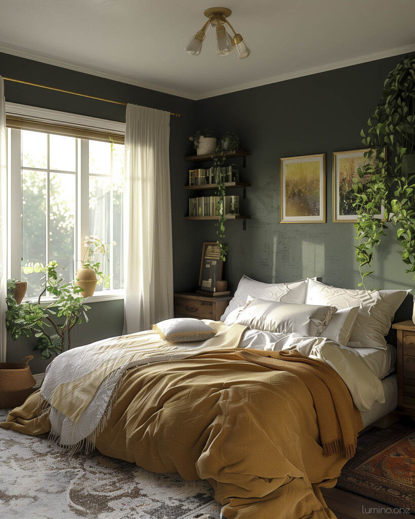 Cozy Moody Bedroom with Natural Elements and Warm Textiles