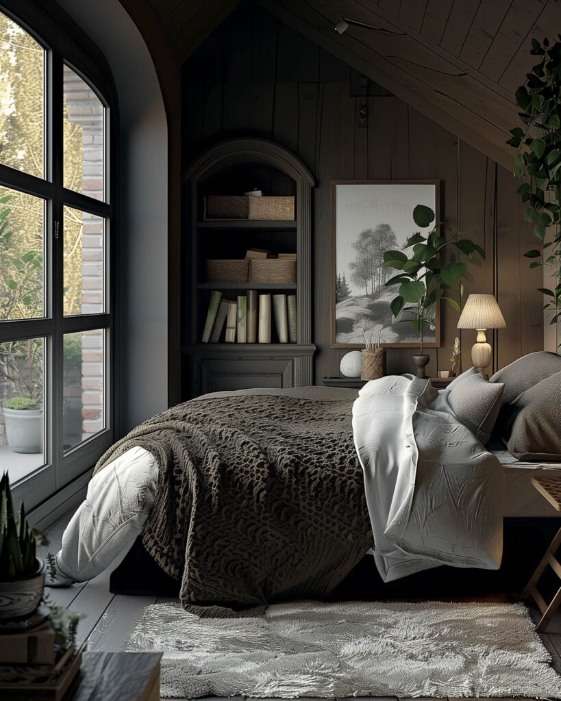 Cozy Moody Loft Bedroom with Layered Textiles and Rustic Decor