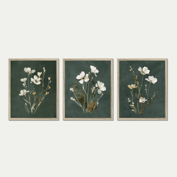 Dark Moody Botanical Wall Art Set of 3, Wild Cosmos Flowers, Dark Green Background, Dark Academia Cottagecore Style, Natural Wood Frame