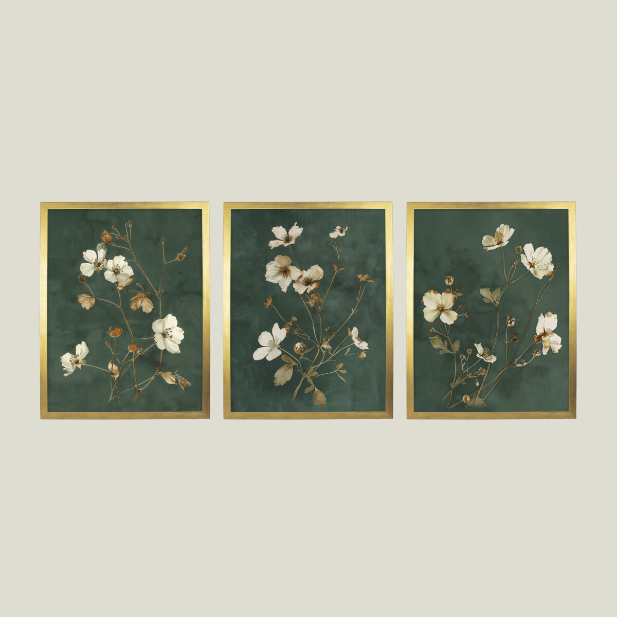 Dark Moody Botanical Wall Art Set of 3, Wild Cosmos Flowers, Dark Green Background, Dark Academia Cottagecore Style, Antique Gold Frame