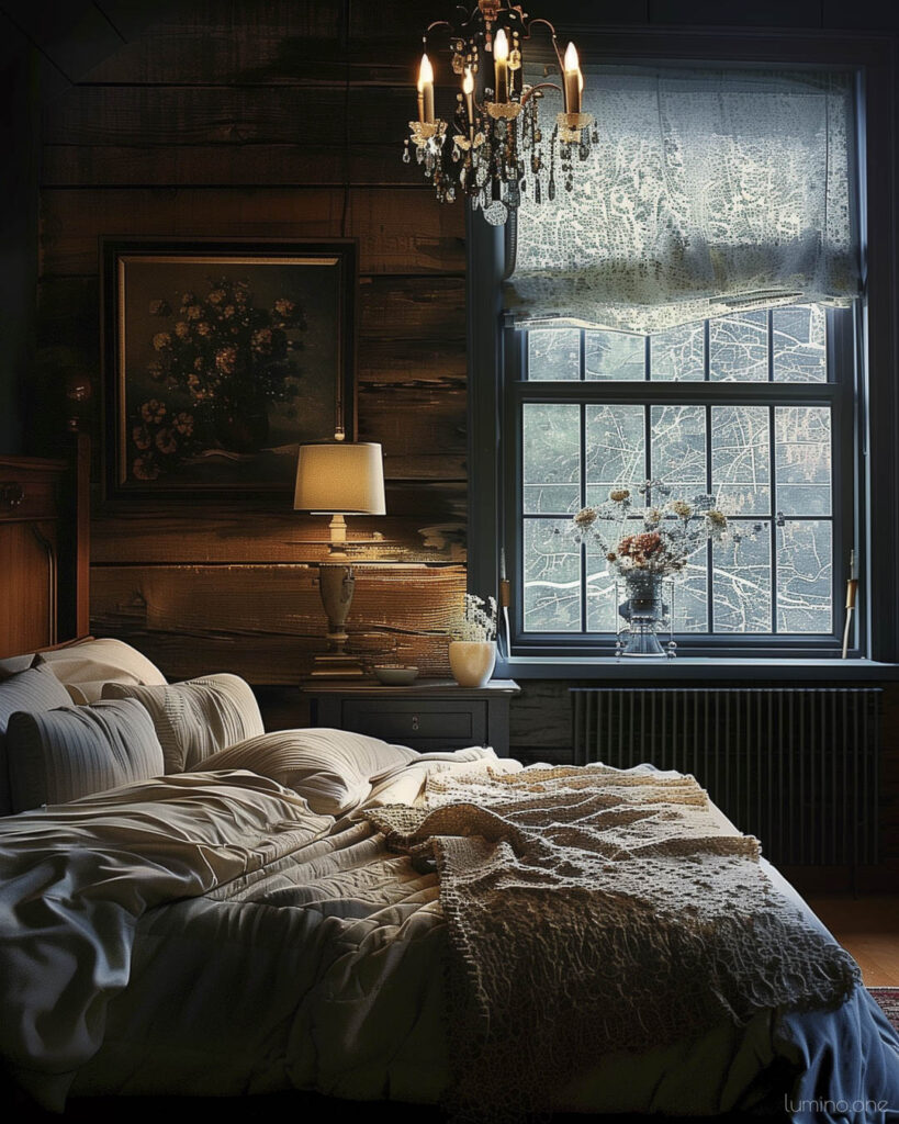 Moody Bedroom with Dark Walls and Cozy Textures