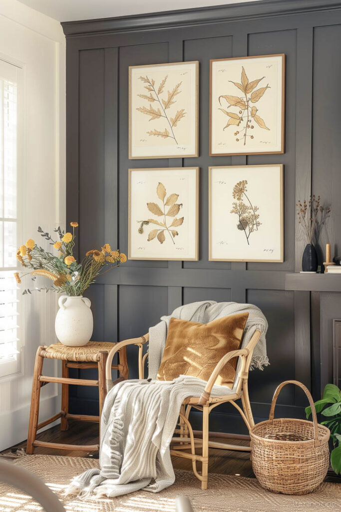 Pressed Leaves and Botanical Prints - Nature-Inspired Fall Gallery Wall Ideas - Fall Living Room Decor