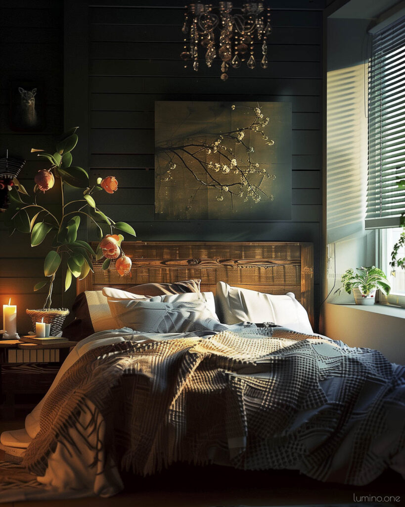 Rustic Cozy Moody Bedroom with Dark Walls and Soft Candlelight