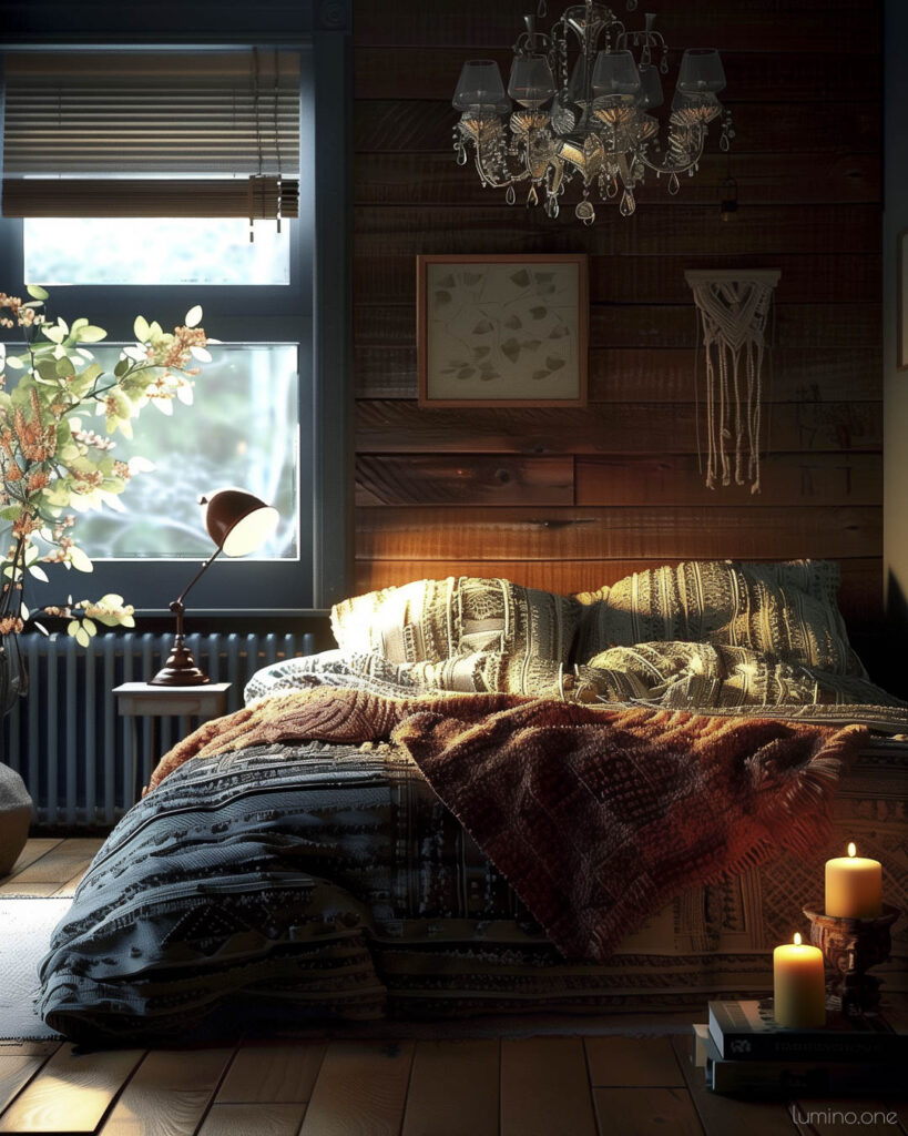 Rustic Cozy Moody Bedroom with Dark Wood Accents and Soft Lighting