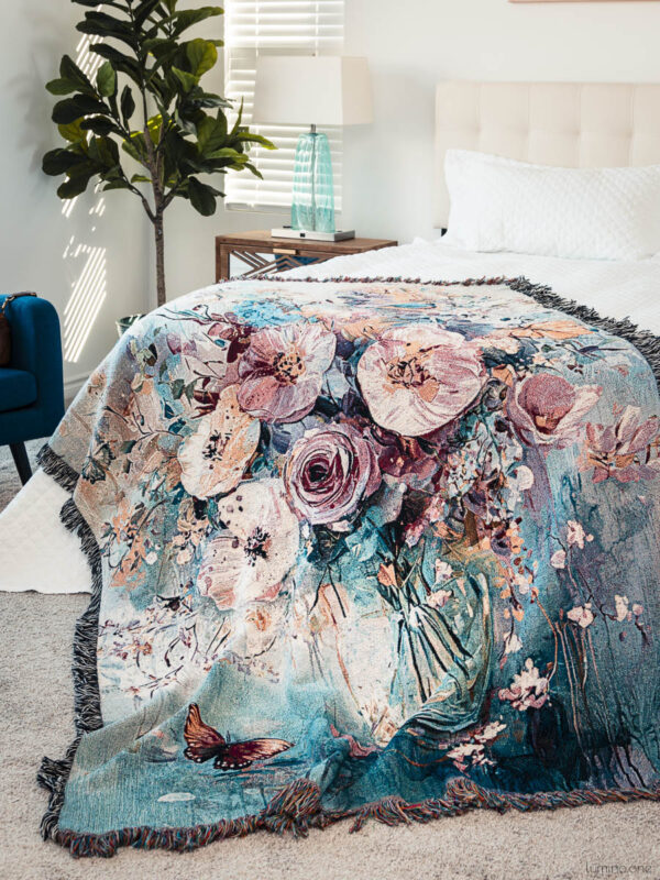 Floral Jacquard Woven Cotton Blanket and Wall Tapestry with Fringe - Flowers in a Vase Art