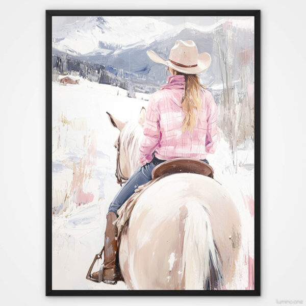 Pink Winter Cowgirl Painting - Black Float Frame Gallery Wrap Canvas - Girl Riding on a Horse in Snowy Mountain Landscape