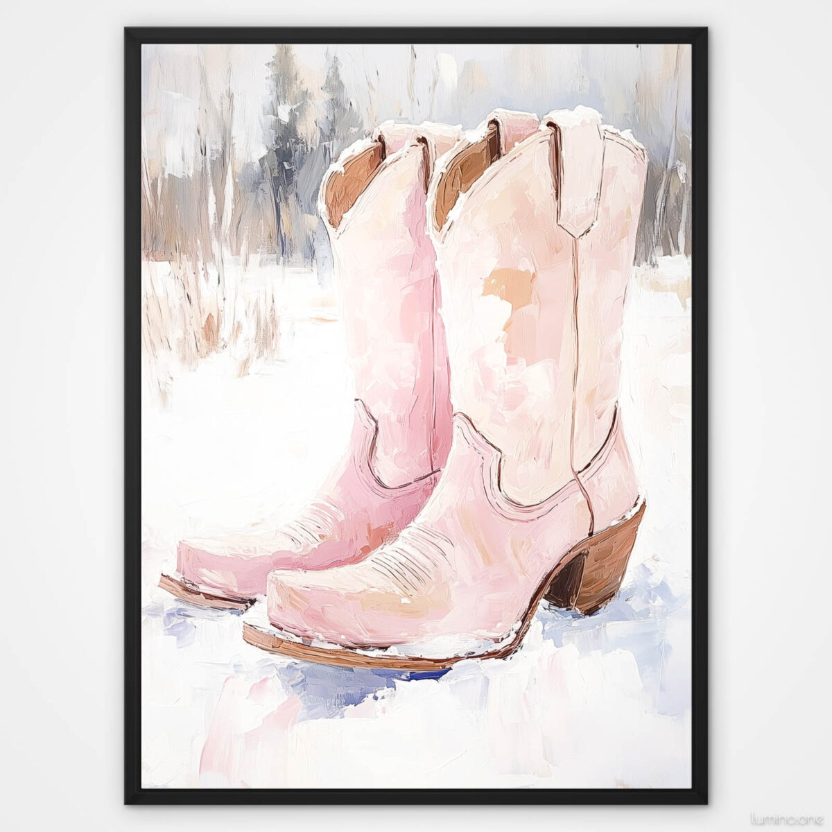 Pink Winter Cowgirl Painting - Black Float Frame Gallery Wrap Canvas - Pink Cowboy Boots in Snow