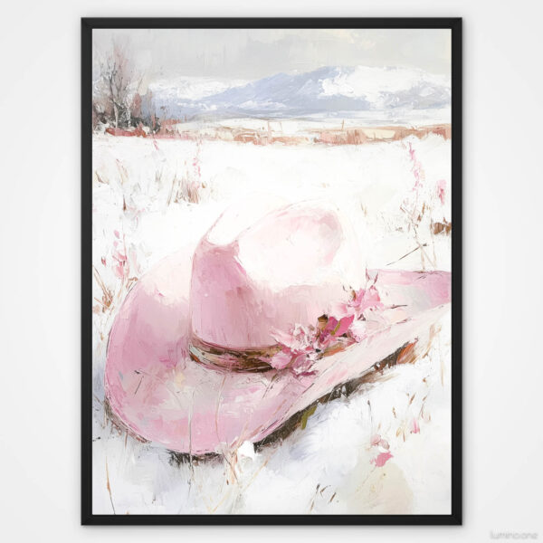 Pink Winter Cowgirl Painting - Black Float Frame Gallery Wrap Canvas - Pink Cowboy Hat in Snow