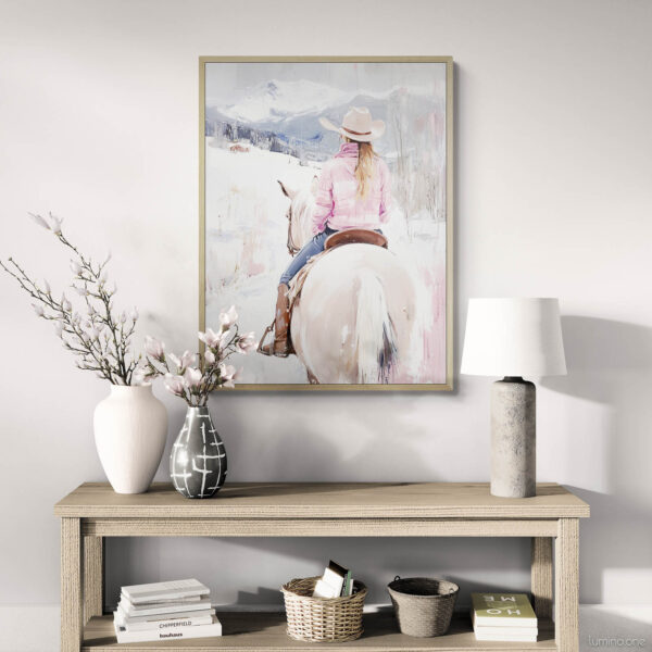 Pink Winter Cowgirl Painting - Bright Natural Wood Console Table with Lamps and Vases in Organic Modern Style - Girl Riding on a Horse in Snowy Mountain Landscape